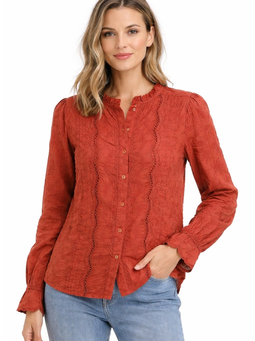 Calypso St. Barth Blouse Women’s 100% cotton Ruffles size Small burnt orange